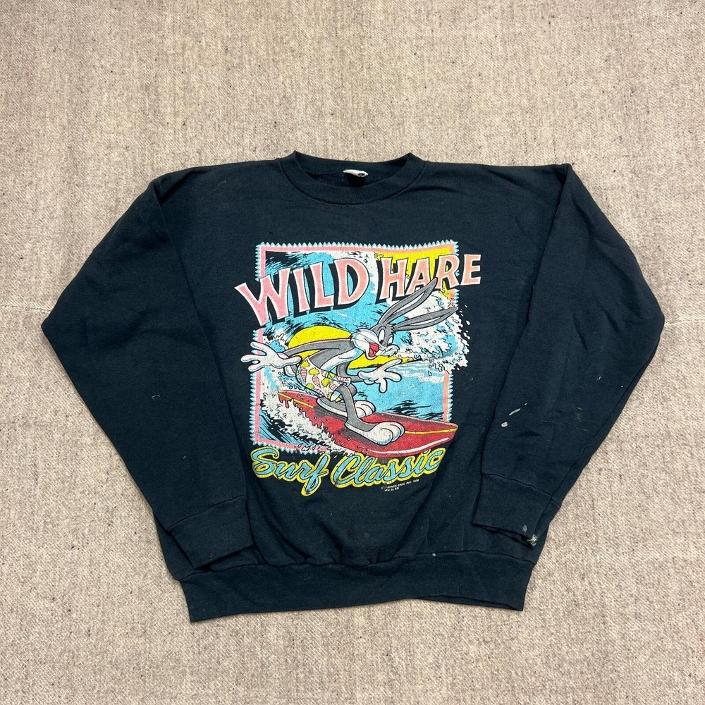 Vintage Bugs Bunny Sweatshirt Mens‎ Large Black 1980s Wild Hare Surf Classic